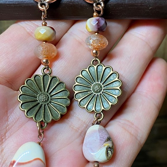 Mookaite Sunstone Flower Statement Copper Earrings - Picture 4 of 8